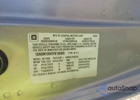 2000 Chevrolet Astro from USA, damaged, VIN 1GNDM19W9YB199429